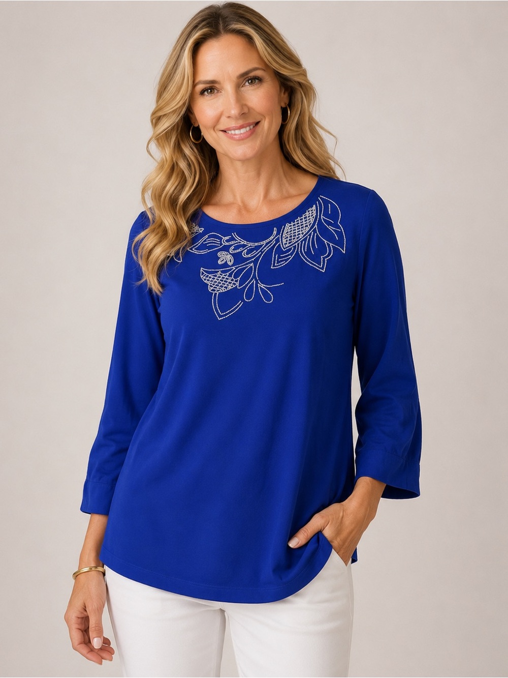 Chico's Royal Blue Scoop Neck Top with Silver Embroidery